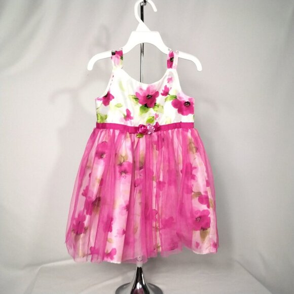 Rare Editions White Floral Dress Fuchsia Lace Overlay Tie Ribbon W/Rosebud Sz.3T - Picture 1 of 4